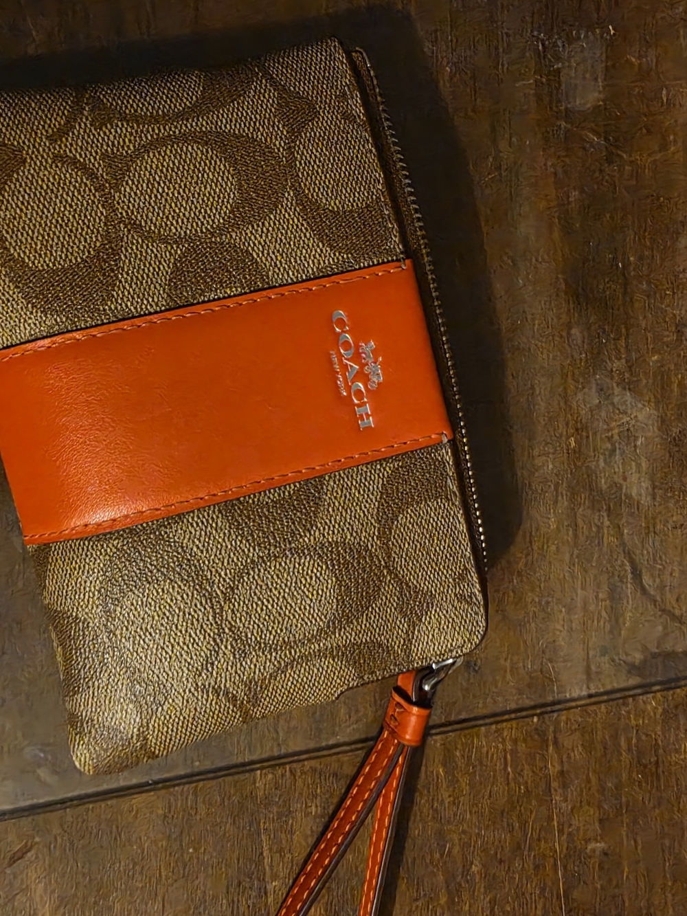 Coach Signature Canvas Wristlet - Brown with Orange Accent
